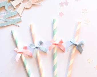 10 Pink and Blue Baby Shower Gender reveal  Bow Stripe Paper Straws