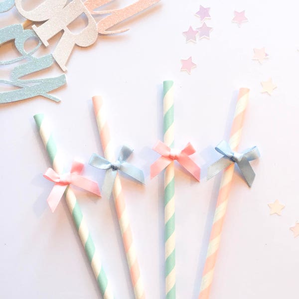 10 Pink and Blue Baby Shower Gender reveal  Bow Stripe Paper Straws