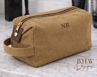 Personalised Waxed Canvas Toiletry Bag – Desert Sand Beige Leather Travel Wash Bag