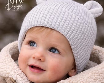 Unisex Organic Cotton Baby Bear Beanie, Ribbed Knit Hat