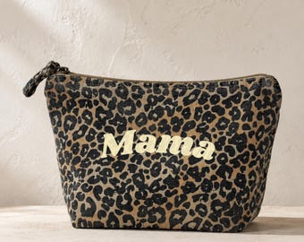 Personalised Leopard Print washed Canvas Bag, Pouch, makeup, accessory bag