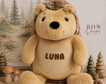 Personalised Hedgehog Plush Toy | Custom Name Soft Stuffed Animal, Beige Brown, New Baby Gift