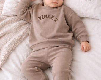 Personalised Name Waffle Taupe Children's Clothing Sets Long Sleeve Top and Bottoms