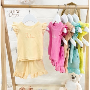 Personalised Girl&#39;s Cotton Clothing Set: Anglaise Frill, T-shirt and Short Summer Outfit
