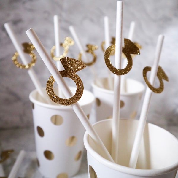 10 - Glitter Diamond Ring White Paper Straws - Wedding - Engagement - Anniversery