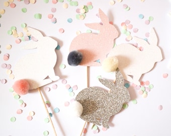 6 - Bunny Pom Pom Tails Glitter Easter Cup Cake Toppers - Easter - Birthday