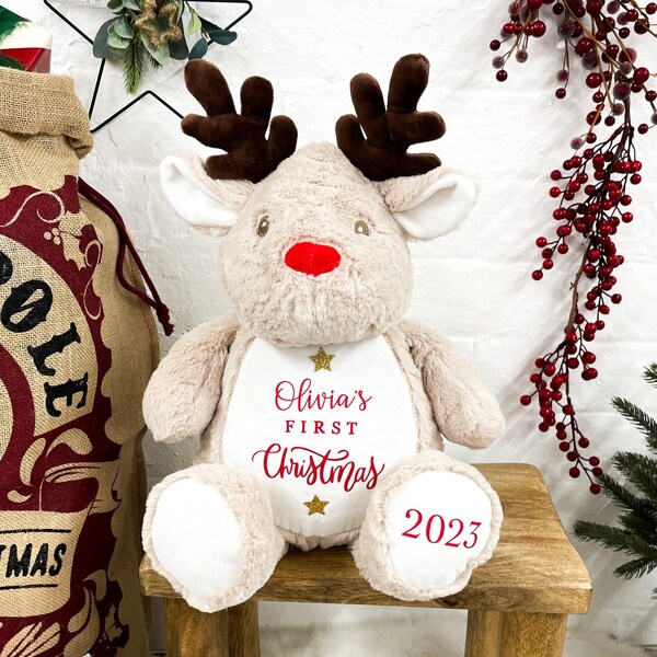 Personalised Name Reindeer First Christmas 2023 Large Soft Toy
