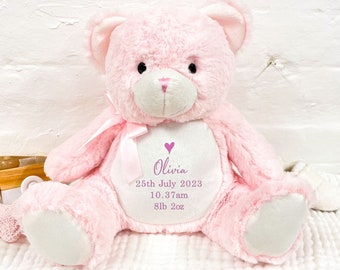 Personalised New Baby Pink Teddy Bear with Pink Bow Ribbon, New Baby, Date, Time, Weight