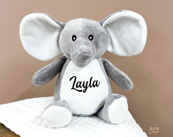 Personalised Name Mini Elephant Teddy Soft toy Grey and white Baby Gift