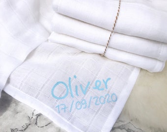 Personalised Baby Muslin Set: Hand-Printed Name, 100% Cotton (Set of 3)