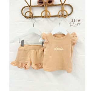 Personalised Name Girl&#39;s cotton T-shirt and short frill set