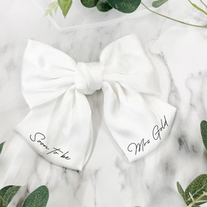 Personalised Bride White Satin Hair Bow Bride to Be Future Mrs Soon to be Mrs Hen Party Veil image 1