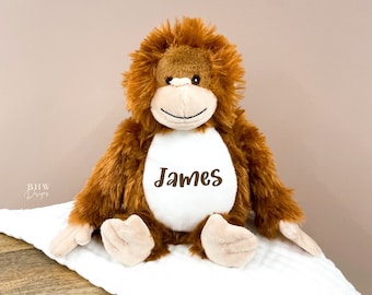 Mini mono de peluche orangután personalizado con nombre, color marrón y blanco, regalo para bebé.