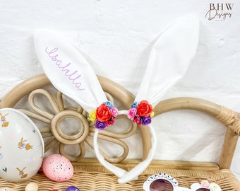 Nombre Orejas de conejo de Pascua - Flor blanca - Diadema de algodón con orejas de conejo de Pascua - Floral personalizado