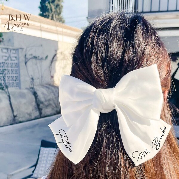 Personalised Bride White Satin Hair Bow - Bride to Be - Future Mrs - Soon to be Mrs - Hen Party Veil