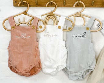 Personalised Name Linen Baby Romper: Custom Name Dungarees