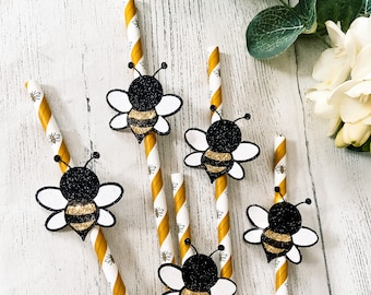 10 - Bee Yellow Glitter Paper Straws Set - Bumble Bee