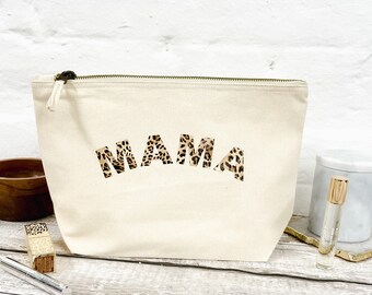Mama Leopard Print Cream Organic Cotton Cosmetic Bag, Pouch, Clutch, Make Up Bag