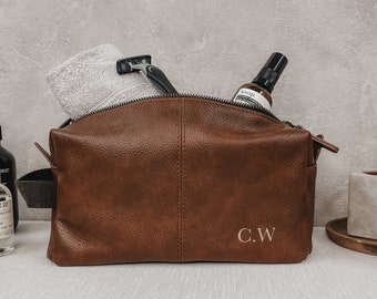 Personalised Initial's Brown Faux Leather  Mens Wash Bag - Toiletry Bag - Travel Bag