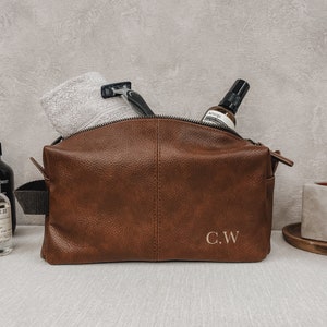 Personalised Initial's Brown Faux Leather  Mens Wash Bag - Toiletry Bag - Travel Bag