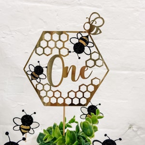 Bee Personalised Honeycomb Gold Cake Topper - One - Gold and Black