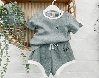 Personalised Initial Baby Children's Ribbed Contrast T-Shirt and Short Set, Kids Summer Clothing