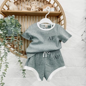 Personalised Initial Baby Children&#39;s Ribbed Contrast T-Shirt and Short Set, Kids Summer Clothing