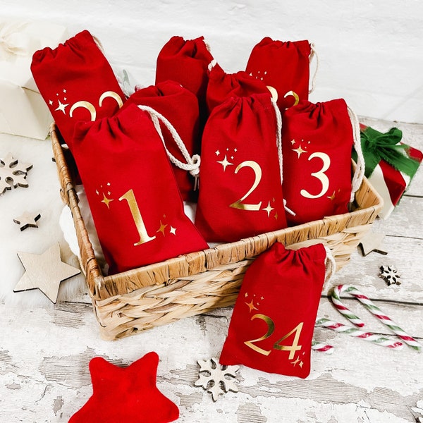 Advent Calendar Bags, fill your own numbered Count down Christmas mini Sacks, 1-24 Advent Pouches with stars