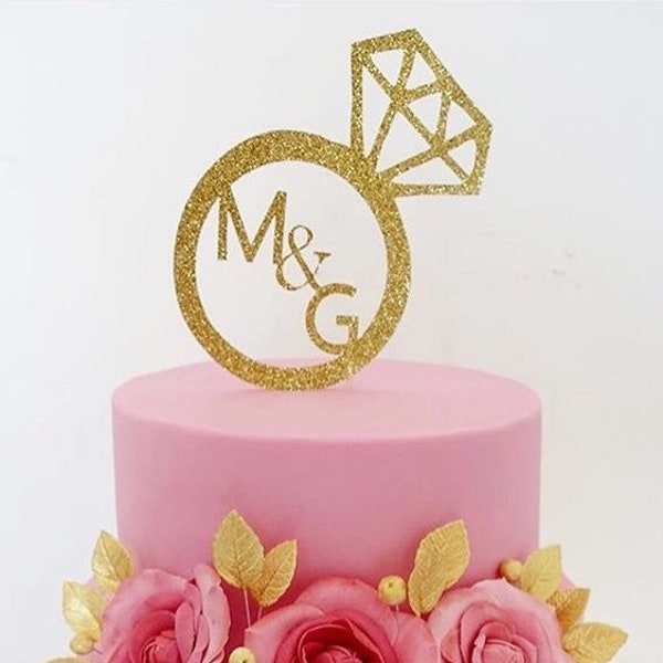 Personalised Glitter Diamond Ring Engagement - Wedding Cake Topper