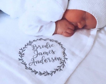 Set of 3Personalised Name Cotton White baby Muslins with Wreath Design