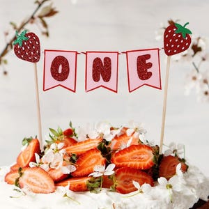 One Strawberry Glitter banner Cake Topper - Red and Pink - Berry Fruit Birthday