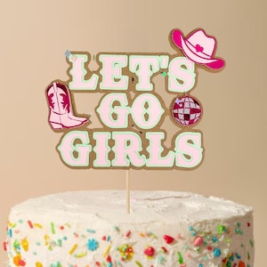 Let&#39;s Go Girls Pink, Green and Holographic style glitter Cowboy and Disco Style Cake Topper Birthday Decoration