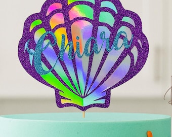 Topper per torta glitterato/olografico con nome personalizzato a forma di conchiglia - Sotto il mare - Sirena
