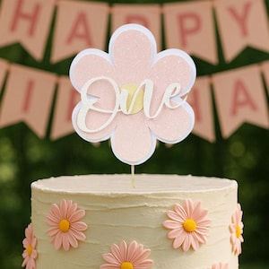 Topper per torta glitterato con fiore di margherita personalizzato - rosa e bianco - compleanno floreale