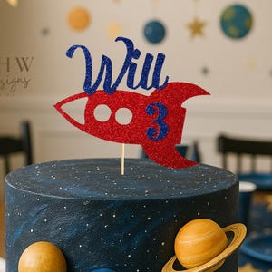Rocket Name and Age Glitter Cake Topper - Birthday - Personalised