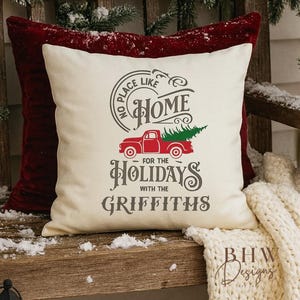 Personalised Christmas No Place Like Home Cushion Cover: Fair-Trade Cotton, Red Truck Design