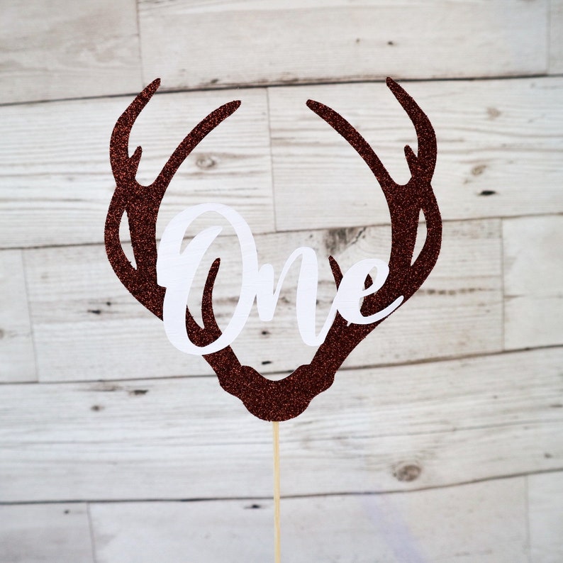 Personalised AgeName Lumberjack Deer Antlers woodland Cake Topper Brown GlitterCream