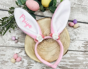 Nombre Orejas de conejo de Pascua - Flor rosa y blanca - Diadema de tela con orejas de conejo de Pascua - Personalizada