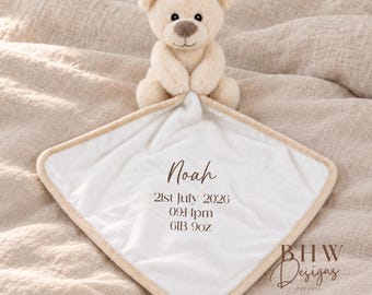 Personalised Teddy Bear Comforter, Blanket Name, Birth details, Newborn Gift