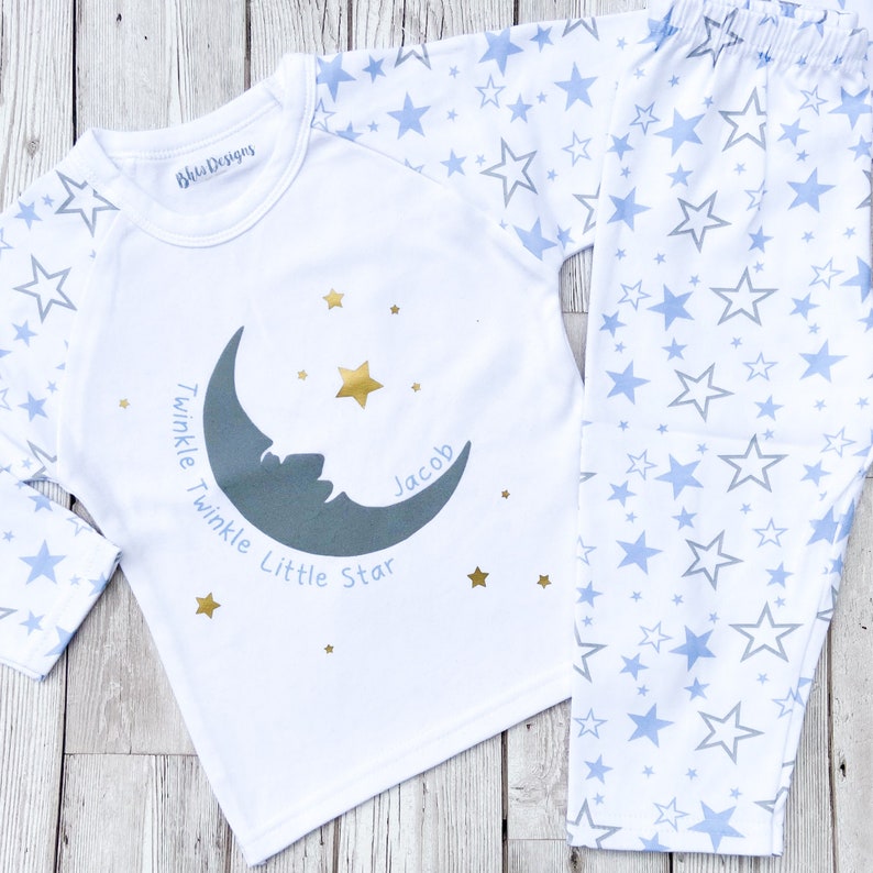 Moon and stars BlueGreySilver Twinkle Twinkle Little Star Pj/'s Children/'s Nightwear Pyjamas Personalised Name