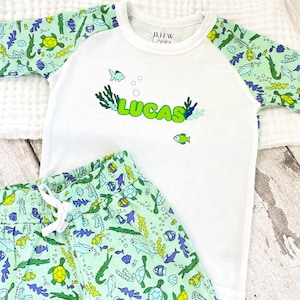 Conjuntos de ropa corta y camiseta de manga corta para niños con estampado de peces bajo el nombre personalizado