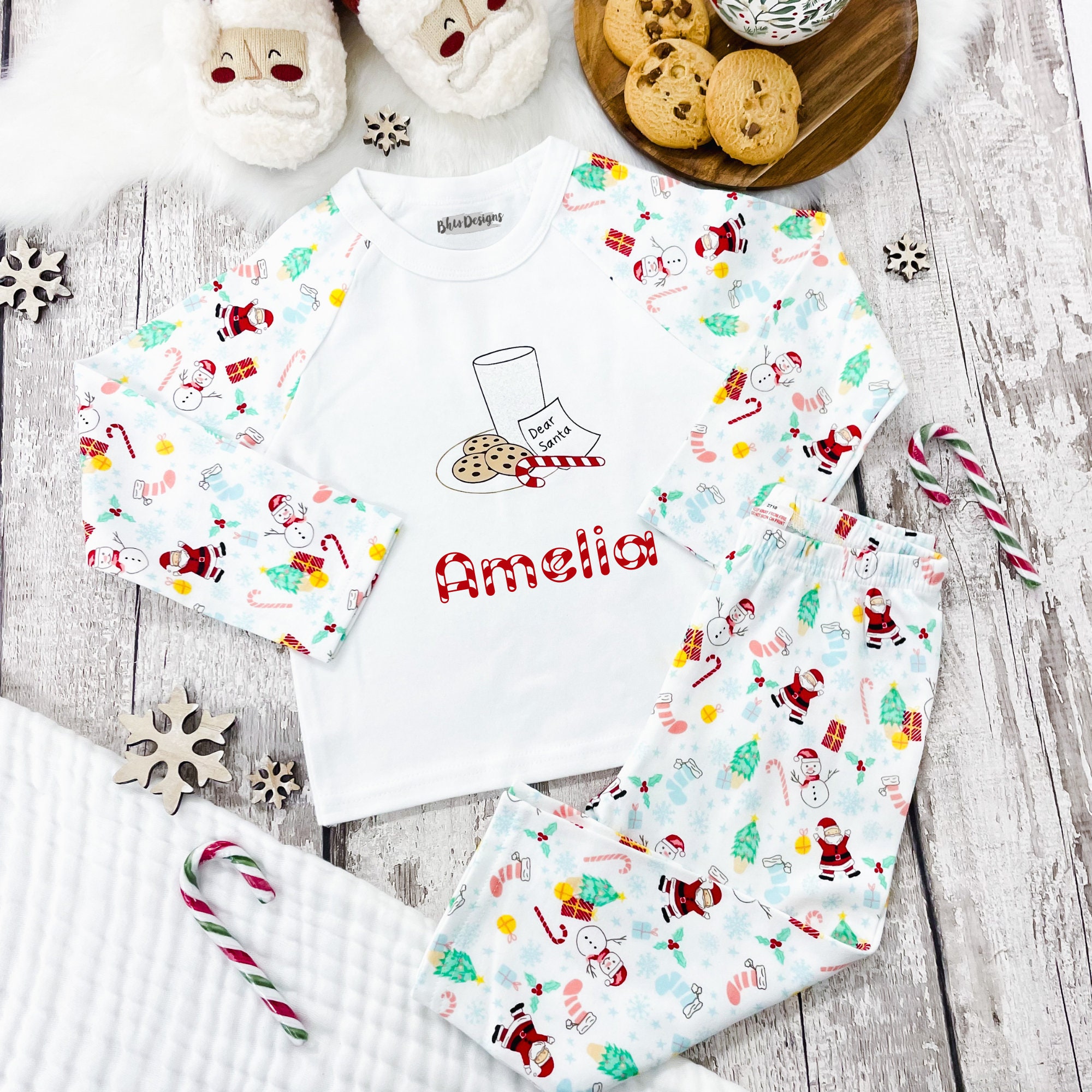 Personalised Name Milk and Cookies Candy cane Christmas White Pyjamas Red Christmas Pj s