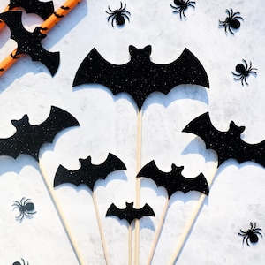 Bat Assorted Size Black Glitter Cake Toppers , Halloween