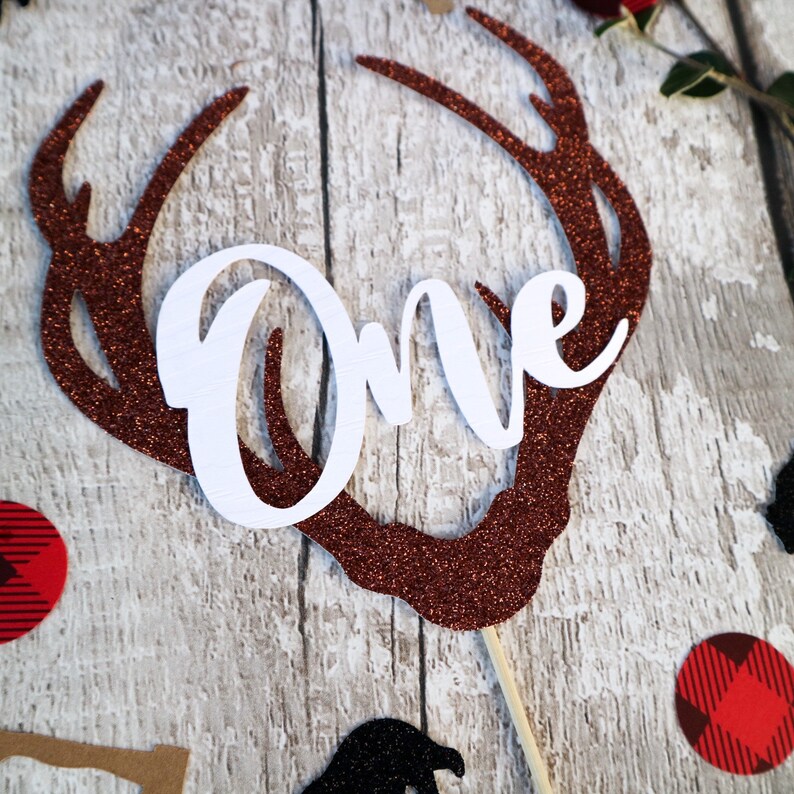 Personalised AgeName Lumberjack Deer Antlers woodland Cake Topper Brown GlitterCream