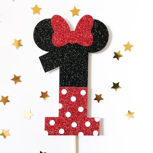Minnie Mouse Age Glitter Cake Topper - Birthday, Number - Bow