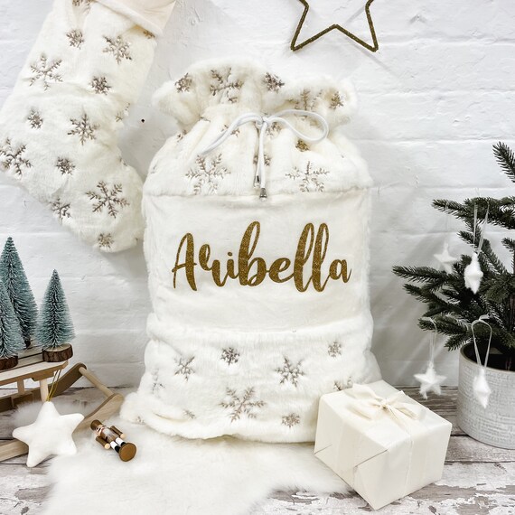 Personalised Name Christmas Santa Sack Cream Fluffy Soft Gold Sequin Snowflake Christmas Gift Sack Etsy UK