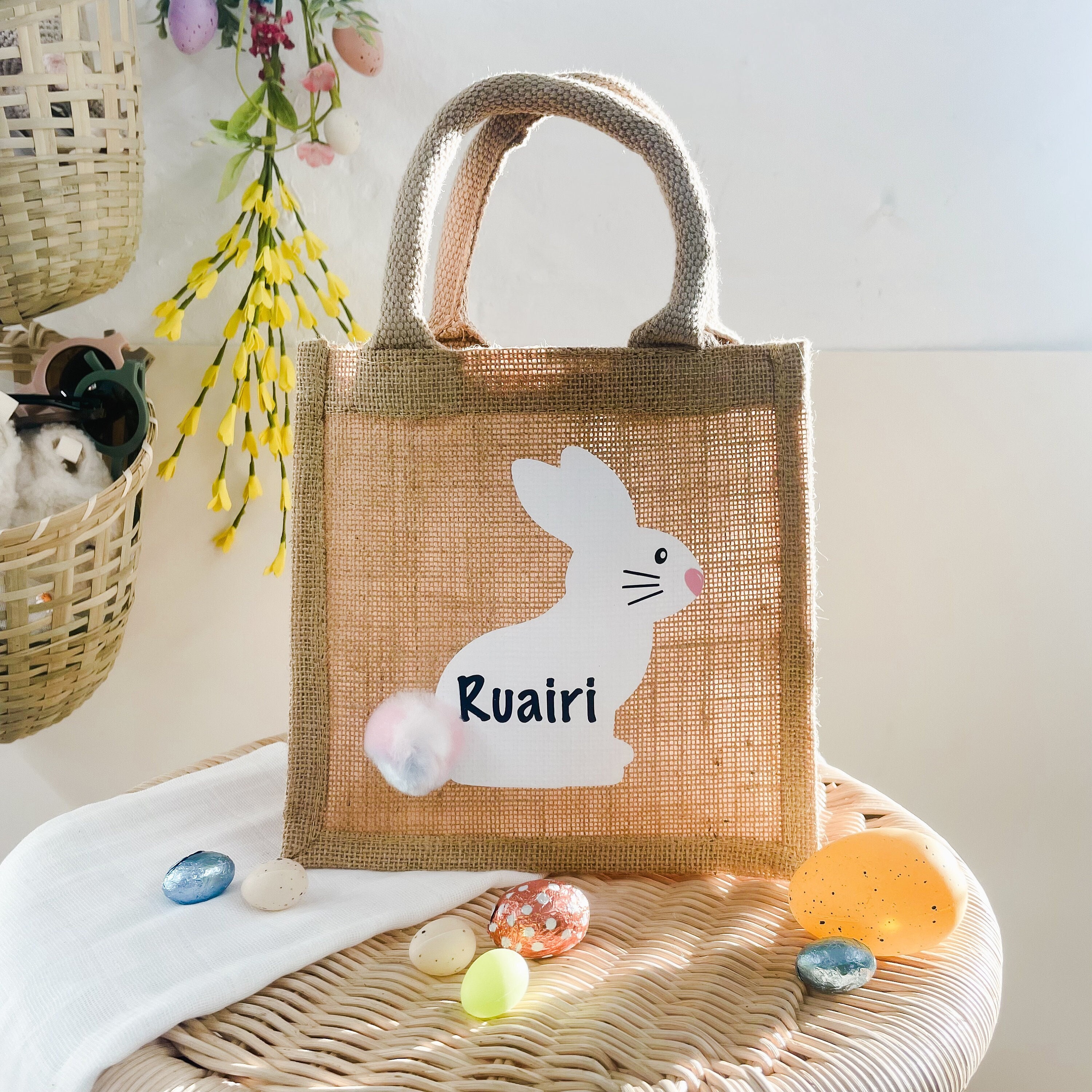 Personalised Name Bunny Easter Egg Hunt Bag Pom Pom Fluffy Tail Rabbit Jute Bag Etsy