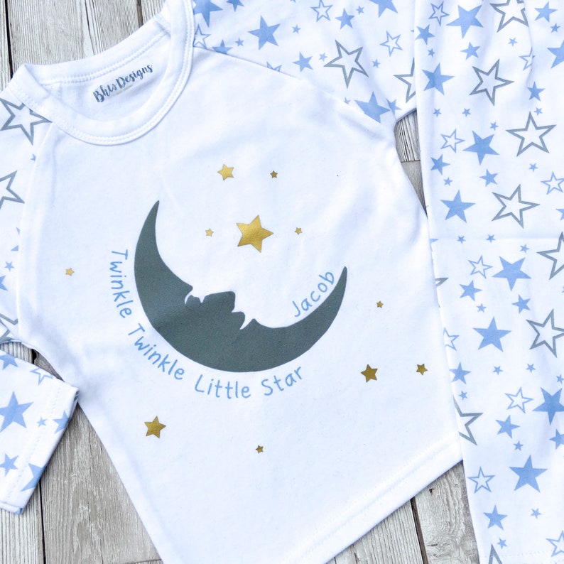 Moon and stars BlueGreySilver Twinkle Twinkle Little Star Pj/'s Children/'s Nightwear Pyjamas Personalised Name