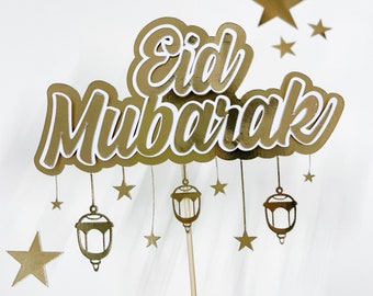 Eid Mubarak Gold and White Lantern and star Cake Topper - Celebration - Party Decoration