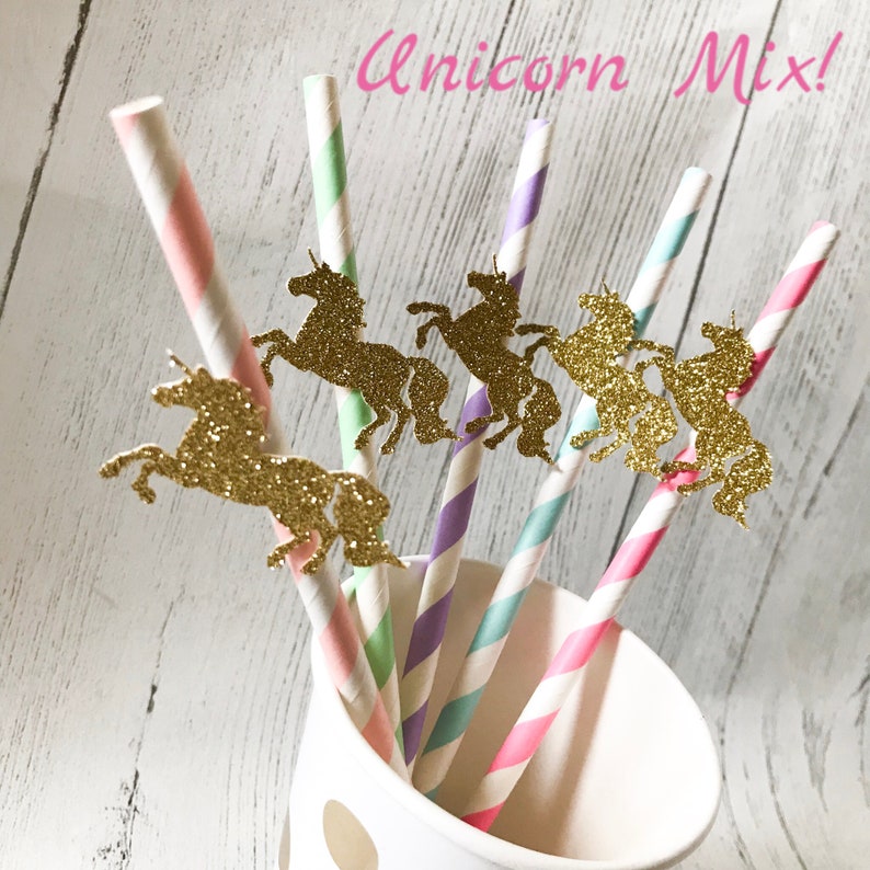 10 Glitter Unicorn Stripe Paper Straws Unicorn Party Birthday Celebration image 2